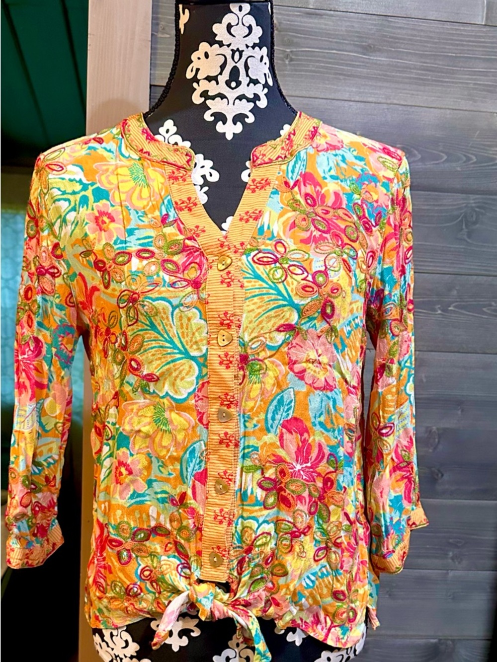 John Mark Bright Floral Button-Front Women’s Top - Yellow Multi